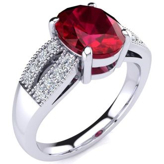 3 Carat Oval Shape Ruby and Diamond Ring In 14 Karat White Gold