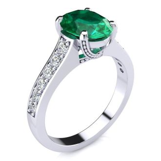 2 1/4 Carat Oval Shape Emerald and Diamond Ring In 14 Karat White Gold
