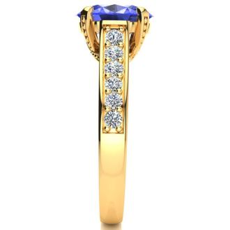 2 1/4 Carat Oval Shape Tanzanite and Diamond Ring In 14 Karat Yellow Gold