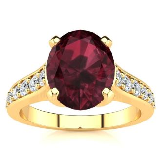 Garnet Ring: Garnet Jewelry: 2 1/3 Carat Oval Shape Garnet and Diamond Ring In 14 Karat Yellow Gold