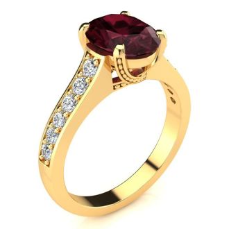 Garnet Ring: Garnet Jewelry: 2 1/3 Carat Oval Shape Garnet and Diamond Ring In 14 Karat Yellow Gold