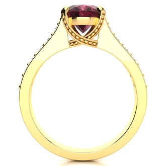 Garnet Ring: Garnet Jewelry: 2 1/3 Carat Oval Shape Garnet and Diamond Ring In 14 Karat Yellow Gold