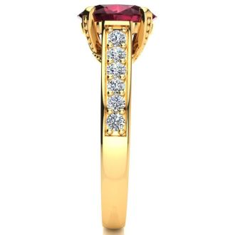 Garnet Ring: Garnet Jewelry: 2 1/3 Carat Oval Shape Garnet and Diamond Ring In 14 Karat Yellow Gold