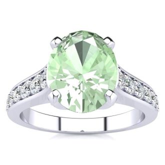 2 Carat Oval Shape Green Amethyst and Diamond Ring In 14 Karat White Gold