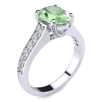 2 Carat Oval Shape Green Amethyst and Diamond Ring In 14 Karat White Gold