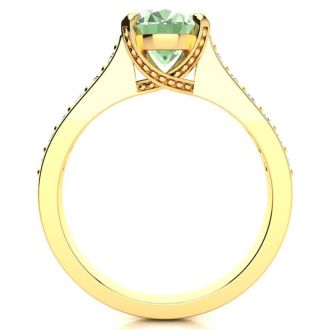 2 Carat Oval Shape Green Amethyst and Diamond Ring In 14 Karat Yellow Gold