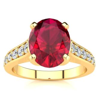 3 Carat Oval Shape Ruby and Diamond Ring In 14 Karat Yellow Gold