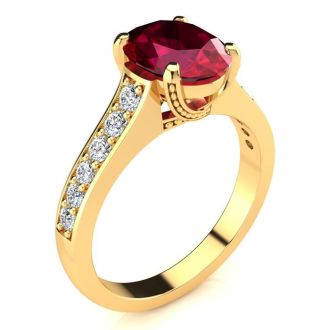 3 Carat Oval Shape Ruby and Diamond Ring In 14 Karat Yellow Gold