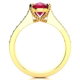 3 Carat Oval Shape Ruby and Diamond Ring In 14 Karat Yellow Gold