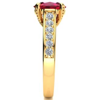 3 Carat Oval Shape Ruby and Diamond Ring In 14 Karat Yellow Gold