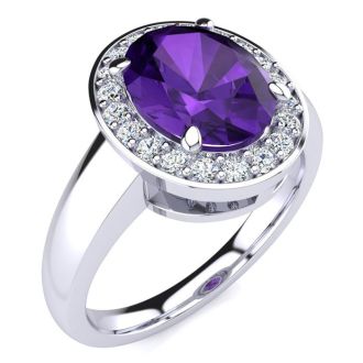 1 3/4 Carat Oval Shape Amethyst and Halo Diamond Ring In 14 Karat White Gold