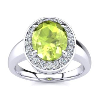 2 Carat Oval Shape Peridot and Halo Diamond Ring In 14 Karat White Gold