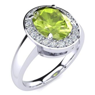 2 Carat Oval Shape Peridot and Halo Diamond Ring In 14 Karat White Gold