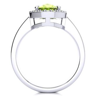 2 Carat Oval Shape Peridot and Halo Diamond Ring In 14 Karat White Gold