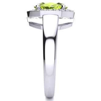 2 Carat Oval Shape Peridot and Halo Diamond Ring In 14 Karat White Gold