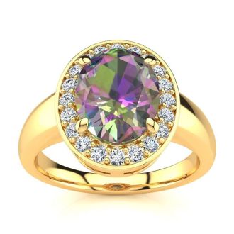 2-1/3 Carat Oval Shape Mystic Topaz Ring With Diamond Halo In 14 Karat Yellow Gold