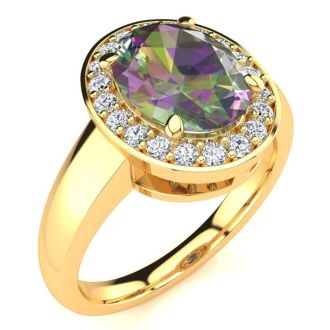 2-1/3 Carat Oval Shape Mystic Topaz Ring With Diamond Halo In 14 Karat Yellow Gold