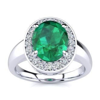 2 Carat Oval Shape Emerald and Halo Diamond Ring In 14 Karat White Gold