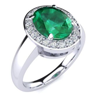 2 Carat Oval Shape Emerald and Halo Diamond Ring In 14 Karat White Gold