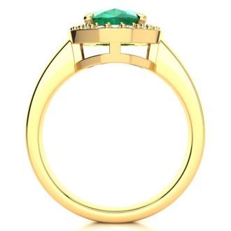 2 Carat Oval Shape Emerald and Halo Diamond Ring In 14 Karat Yellow Gold