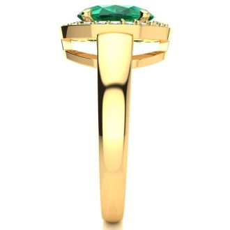 2 Carat Oval Shape Emerald and Halo Diamond Ring In 14 Karat Yellow Gold