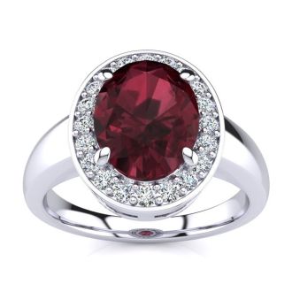 Garnet Ring: Garnet Jewelry: 2 1/5 Carat Oval Shape Garnet and Halo Diamond Ring In 14 Karat White Gold