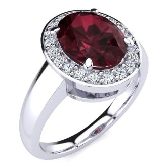 Garnet Ring: Garnet Jewelry: 2 1/5 Carat Oval Shape Garnet and Halo Diamond Ring In 14 Karat White Gold