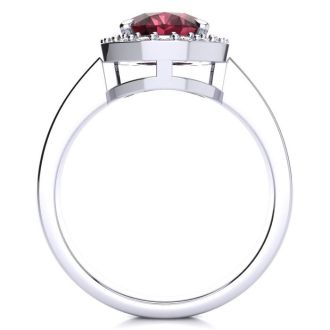 Garnet Ring: Garnet Jewelry: 2 1/5 Carat Oval Shape Garnet and Halo Diamond Ring In 14 Karat White Gold