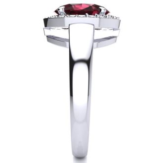 Garnet Ring: Garnet Jewelry: 2 1/5 Carat Oval Shape Garnet and Halo Diamond Ring In 14 Karat White Gold