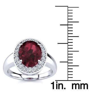 Garnet Ring: Garnet Jewelry: 2 1/5 Carat Oval Shape Garnet and Halo Diamond Ring In 14 Karat White Gold