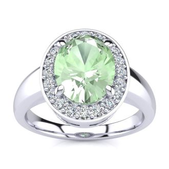 1 3/4 Carat Oval Shape Green Amethyst and Halo Diamond Ring In 14 Karat White Gold