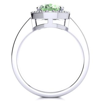 1 3/4 Carat Oval Shape Green Amethyst and Halo Diamond Ring In 14 Karat White Gold