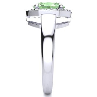 1 3/4 Carat Oval Shape Green Amethyst and Halo Diamond Ring In 14 Karat White Gold