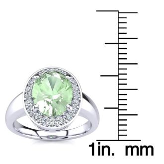 1 3/4 Carat Oval Shape Green Amethyst and Halo Diamond Ring In 14 Karat White Gold
