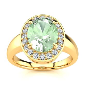 1 3/4 Carat Oval Shape Green Amethyst and Halo Diamond Ring In 14 Karat Yellow Gold