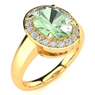 1 3/4 Carat Oval Shape Green Amethyst and Halo Diamond Ring In 14 Karat Yellow Gold