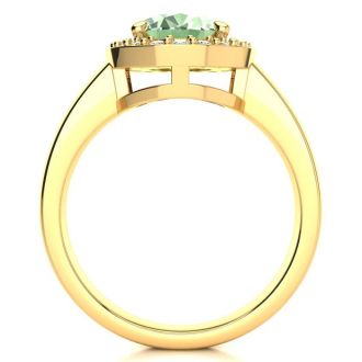 1 3/4 Carat Oval Shape Green Amethyst and Halo Diamond Ring In 14 Karat Yellow Gold