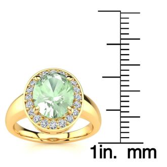 1 3/4 Carat Oval Shape Green Amethyst and Halo Diamond Ring In 14 Karat Yellow Gold