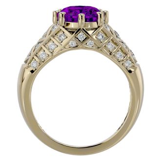 2 3/4 Carat Oval Shape Amethyst and Diamond Ring In 10 Karat Yellow Gold
