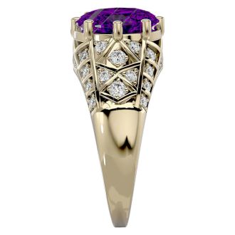 2 3/4 Carat Oval Shape Amethyst and Diamond Ring In 10 Karat Yellow Gold
