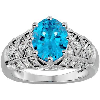 3 1/2 Carat Oval Shape Blue Topaz and Diamond Ring In 10 Karat White Gold