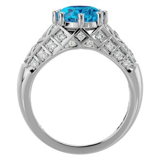 3 1/2 Carat Oval Shape Blue Topaz and Diamond Ring In 10 Karat White Gold