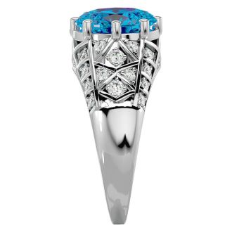 3 1/2 Carat Oval Shape Blue Topaz and Diamond Ring In 10 Karat White Gold