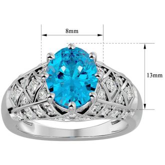 3 1/2 Carat Oval Shape Blue Topaz and Diamond Ring In 10 Karat White Gold