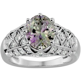 2-3/4 Carat Oval Shape Mystic Topaz Ring With Diamonds In 10 Karat White Gold