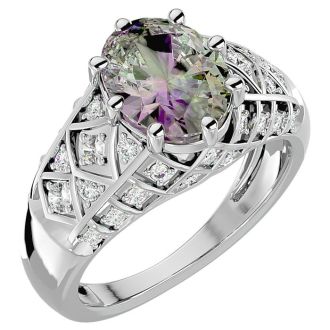 2-3/4 Carat Oval Shape Mystic Topaz Ring With Diamonds In 10 Karat White Gold