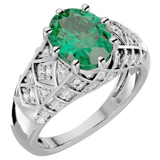 2 1/2 Carat Oval Shape Emerald and Diamond Ring In 10 Karat White Gold