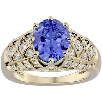 2 3/4 Carat Oval Shape Tanzanite and Diamond Ring In 10 Karat Yellow Gold