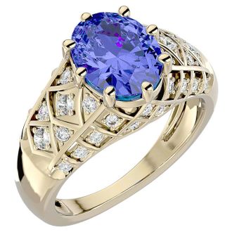 2 3/4 Carat Oval Shape Tanzanite and Diamond Ring In 10 Karat Yellow Gold