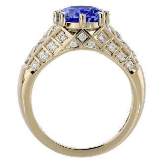2 3/4 Carat Oval Shape Tanzanite and Diamond Ring In 10 Karat Yellow Gold